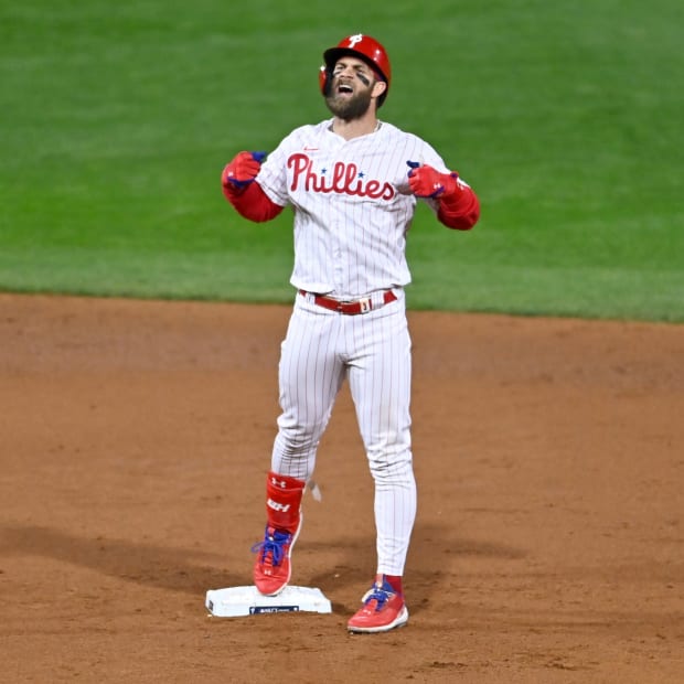 Philadelphia Phillies star Bryce Harper celebrates a hit during Game 4 of the 2022 NLCS